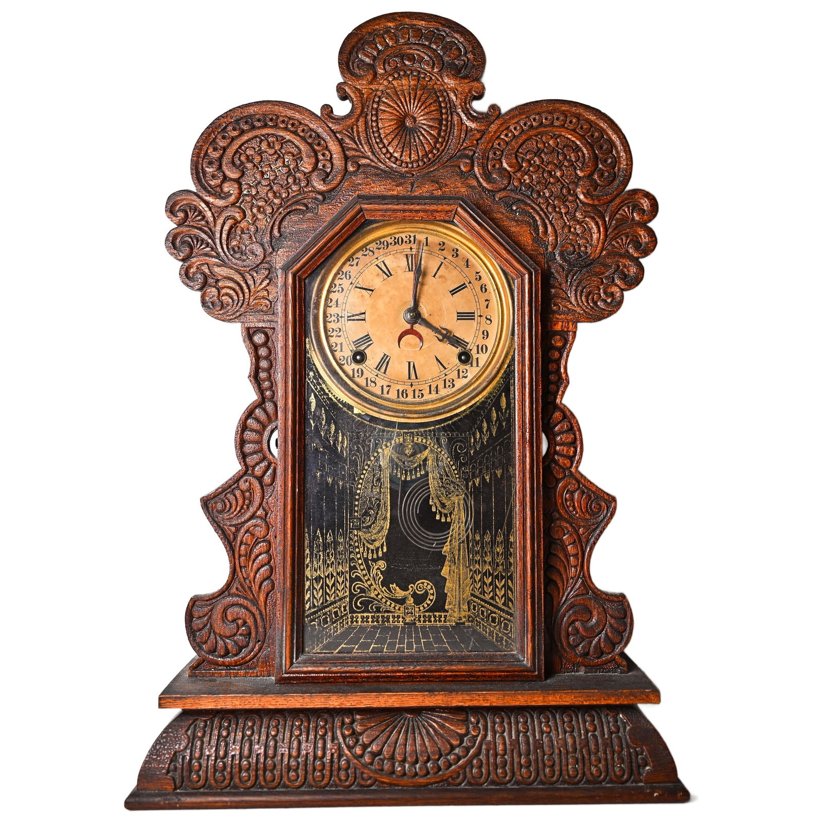 Ingraham Gila Model Parlor Mantle Clock, 8 Day T&S, Calendar, Oak Case