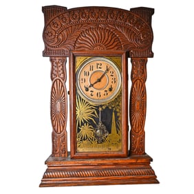 Antique Ingraham Atlantic Gingerbread Clock Chimes Key Pendulum Ornate Oak 1910