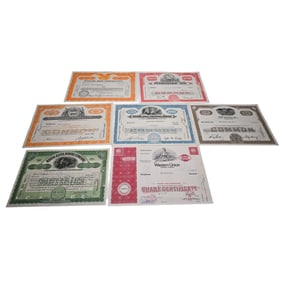 Lot of 7 Old American Corporation Stock Certificates.