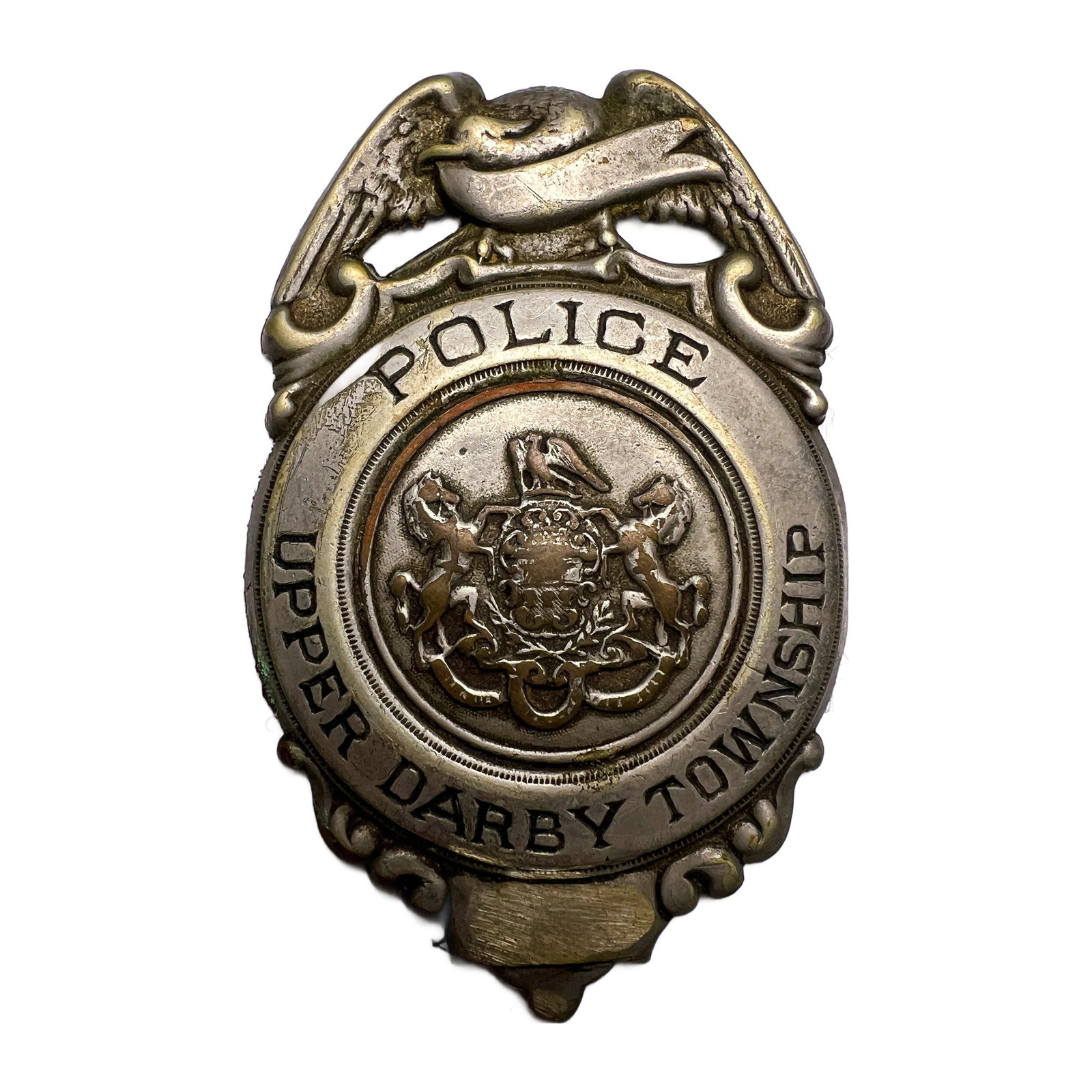 Mid Century Obsolete Upper Darby Township PA Generic Police Badge: Mid Century Obsolete Upper Darby Township PA Generic Police Badge. Measures approximately 2.5"H x 1.75"W. Missing pinThe estate had them all glued to a velvet board that is why the pins are missing.