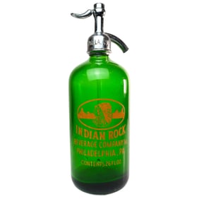 Vintage Philadelphia "Indian Rock Beverage Company" Green Seltzer Bottle