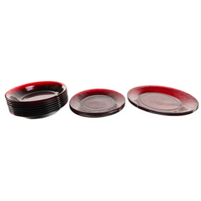 1930s Depression Era Anchor Hocking Ruby Red 8 Bowls, 3 Small Plates, 2 Large Plates