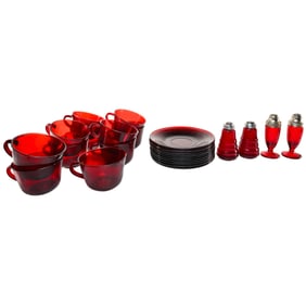 1930s Depression Era Anchor Hocking Ruby Glass Cups, Saucers, Shakers