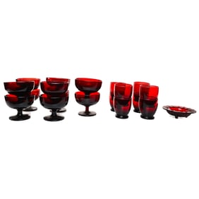1930s Depression Era Anchor Hocking Ruby Glass Goblets, Shot Glasses, Ashtray