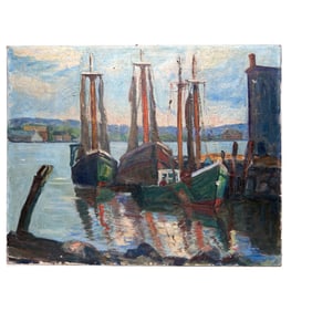 1950s Mid Century Painting After Emile Albert Gruppe Boats in the Harbor at Gloucester