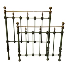 1900s Green Antique Iron & Brass Bed