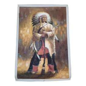 1970s Fine Vintage Oil Painting on Canvas of an American Indian Chief