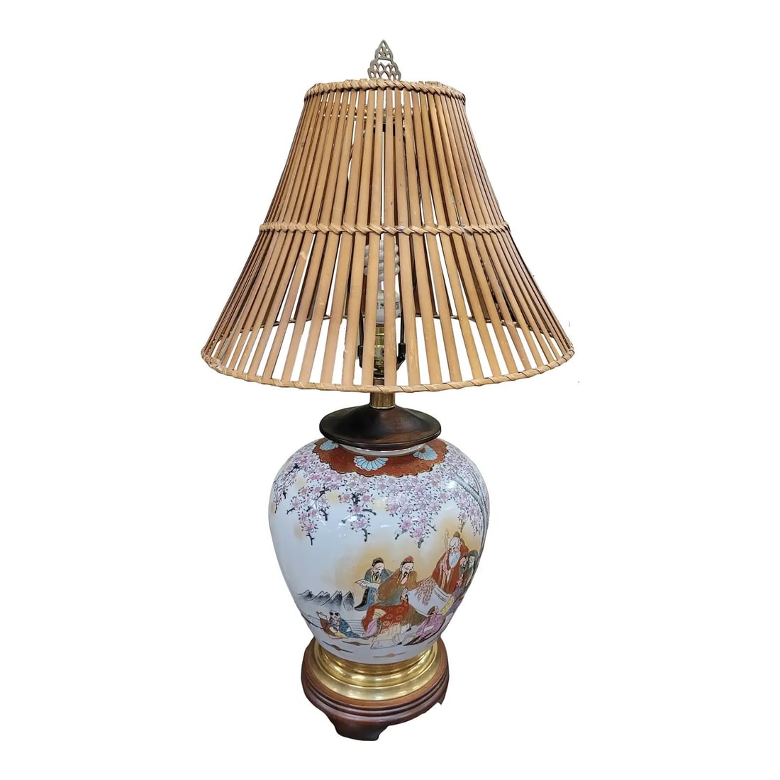 1970s Frederick Cooper Asian Lamp Bamboo Shade: Frederick Cooper Asian inspired lamp with a bamboo shade. Measuring 33 inches tall with the harp, and the vase body being 11 inches wide by 12 inches; the shade measures 13 inches tall by 18 inches wi