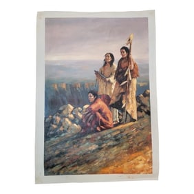 1970s Vintage American Indian Oil Painting on Canvas