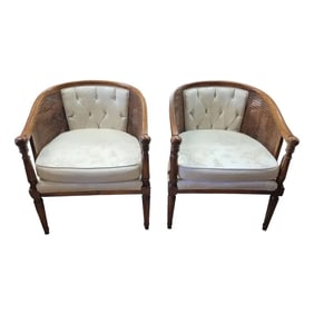 A Pair of 1950s Mid-Century Modern Cane Chinoiserie Fabric Barrel Chairs