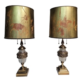 Pair of 1950s Brass & Crystal Lamps