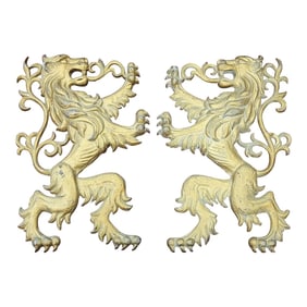 Pair of Antique Gilt Aluminum French Rampant Lions Wall Decor