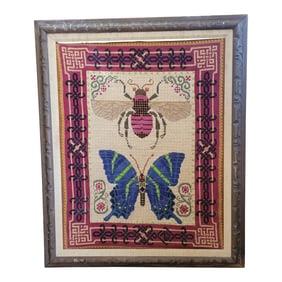 Vintage 1920s Needlepoint Butterfly & Bee