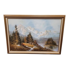 Vintage Alpine Scene Oil Painting
