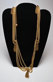 Retro 1960s Gold Tone Tassel Necklace Deco Style