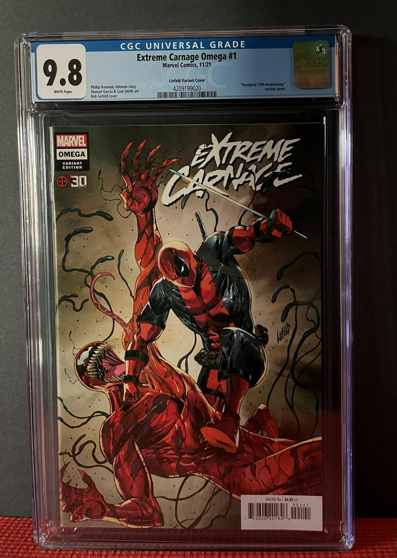 Extreme Carnage Omega Liefeld Variant CGC 9.8: We are Veteran Owned and Operated and we do in-house shipping for all items! Please see photos for condition.