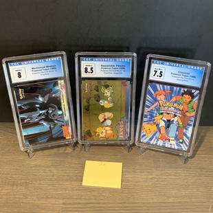 Gradded Topps Pokemon cards: Lot of 3 CGC graded Vintage Topps Pokemon Cards. Mechanical Mewtwo CGC 8 NM/Mint (First Print), Peacemaker Pikachu (Holo, Silver foil) CGC 8.5 NM/Mint+ (First Print), Checklist CGC 7.5 NM+. Now accept