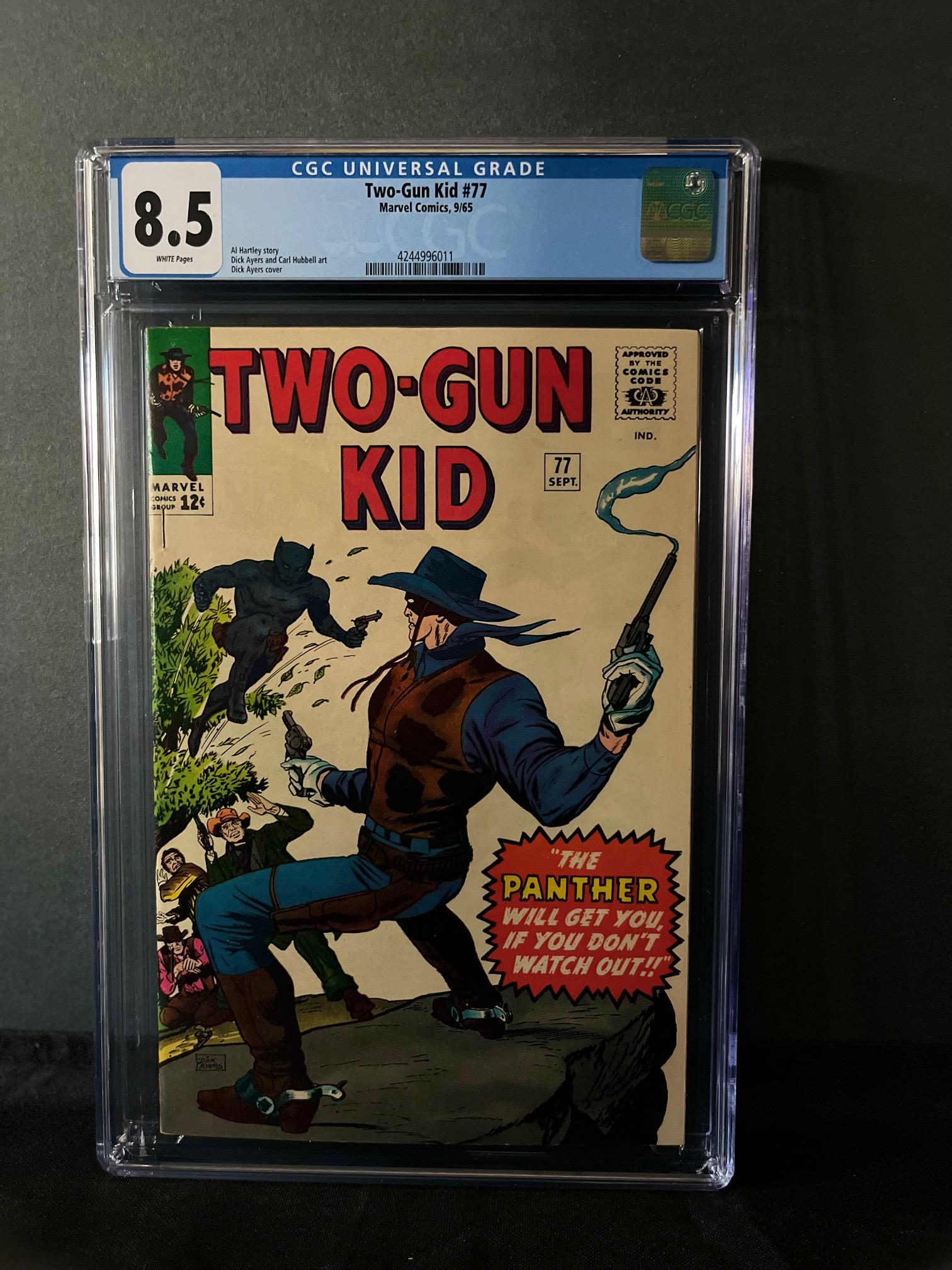 Two-Gun Kid 77 CGC 8.5 Marvel Silver Age Western: This issue features the 1st appearance of the Panther, a Black Panther prototype in the Marvel Universe. It pre-dates by nearly a year, Fantastic Four 52. This issue has gained significant momentum du