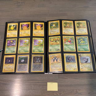 Large Vintage Pokemon Card Binder: Binder Filled with vintage Pokemon Cards. Includes Japanese and English cards. Shadowless, 1st Edition, and holo cards. Some cards have holo swirls. The Prisim Holo Magikarp card is a Vintage Japanese