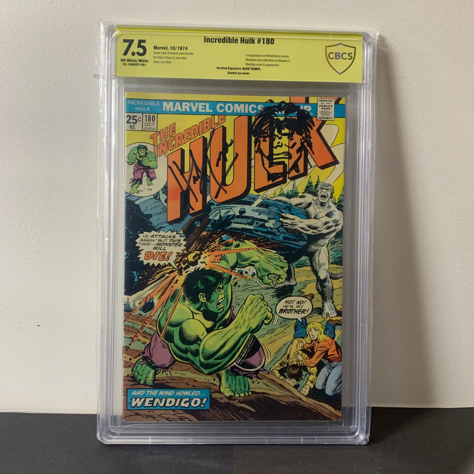 Incredible Hulk #180 CBCS 7.5 1st app Wolverine Signed & Sketch Herb Trimpe (1 of 4)