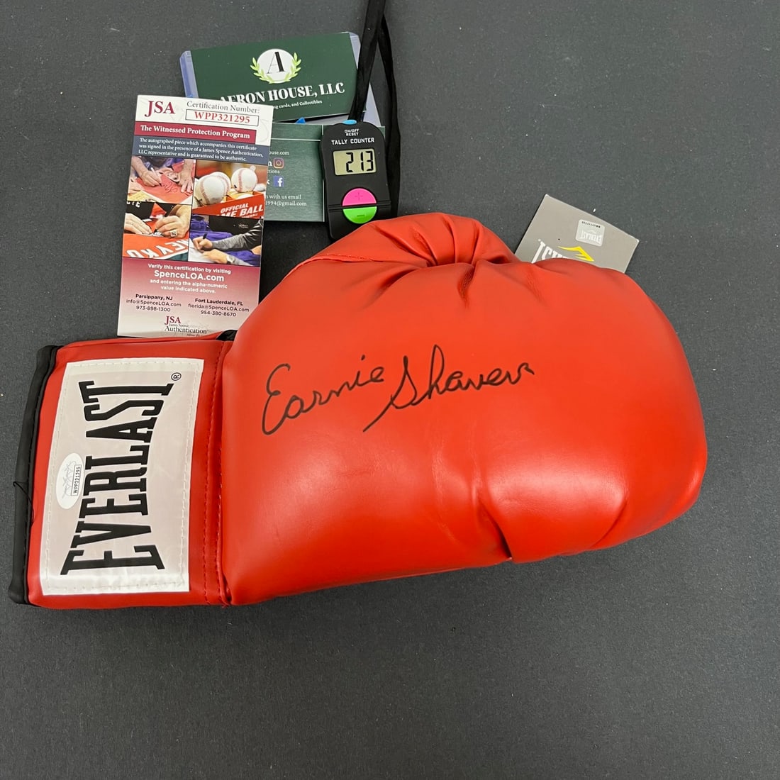 Ernie Shavers Signed Everlast Glove JSA COA: Signed full sized glove with JSA COA. Ernie Shavers was a two-time heavyweight champion challenger. He lost his first challenge to Muhammad Ali in 1977 and then to Larry Holmes in 1979. Known as the h