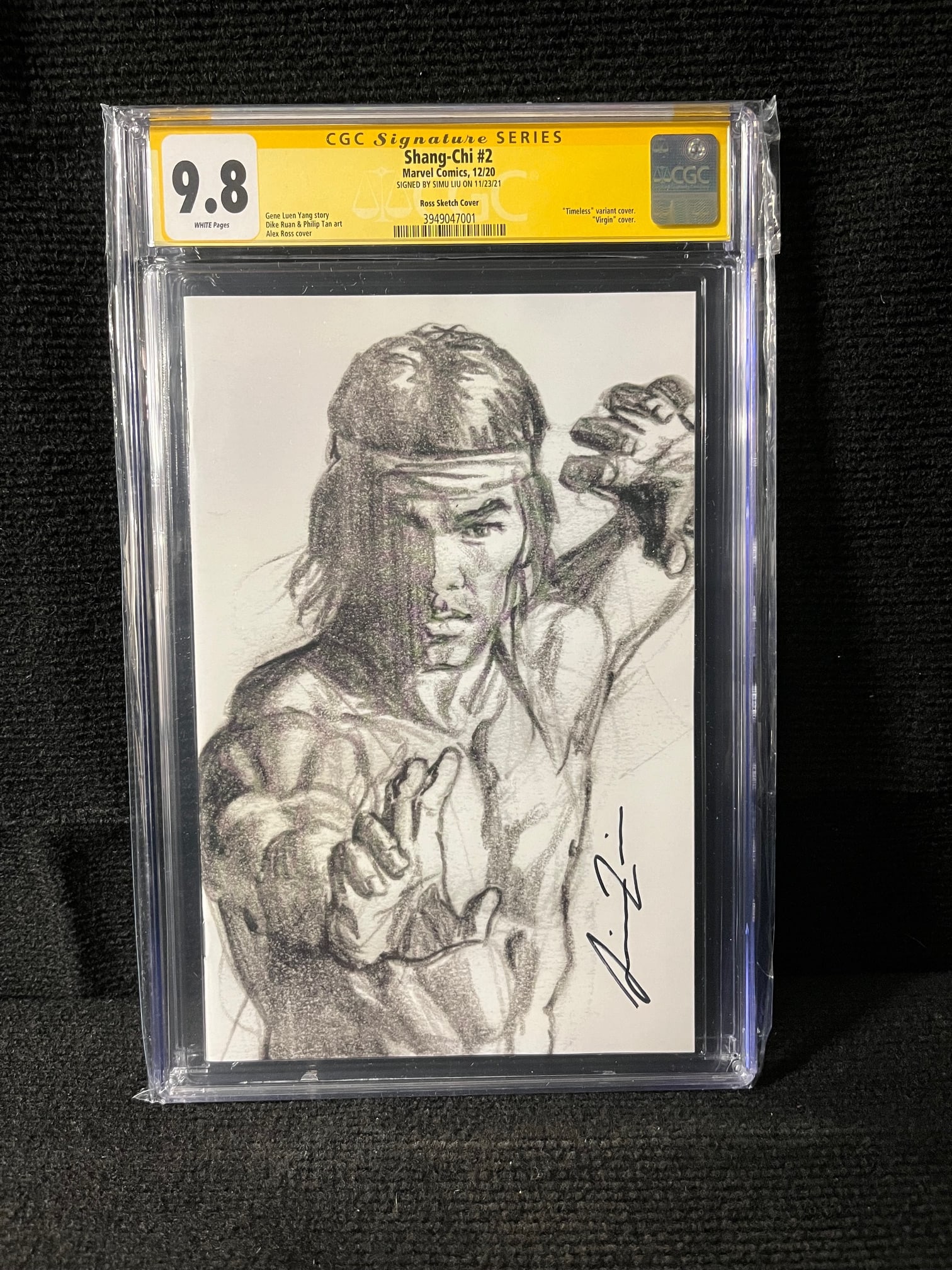 Shang Chi 21:100 Ross Variant Signed by Simu Liu 9.8: Another heavyweight collectible offered in this auction, Shang-Chi 2 Ross Timeless 1:100 Retail incentive Variant signed by the actor who plays Shang-Chi, Simu Liu CGC SS 9.8 We are a veteran owned co