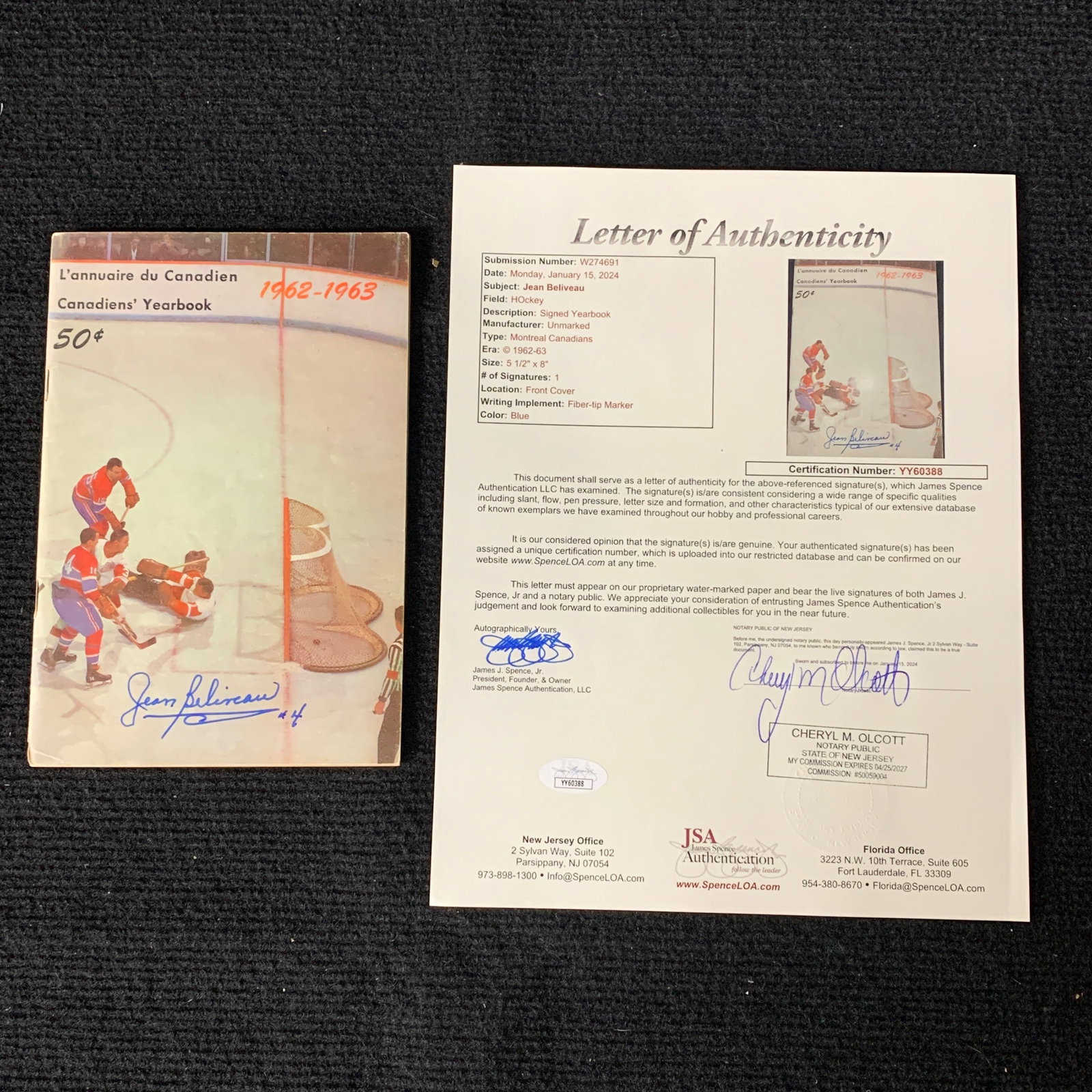Jean Beliveau Signed Hockey yearbook w/JSA: Signed 1962 - 1963 Montreal Canadians Year book. Signed by Jean Beliveau. LOA from JSA. We are a veteran owned company. Please look at the pictures carefully to determine what you believe the conditio