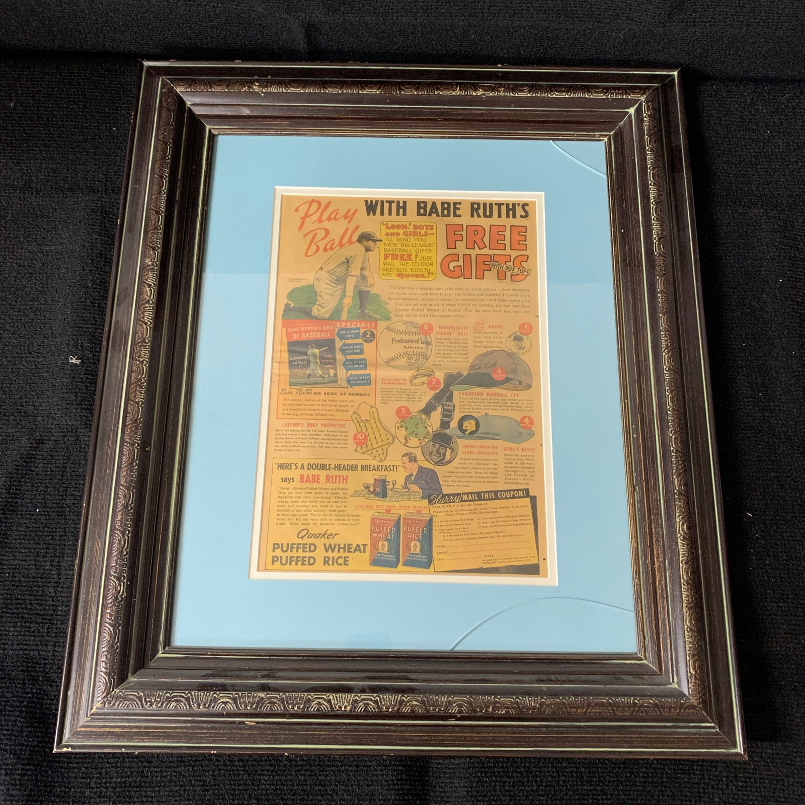 Babe Ruth Framed Advertisement Page: Preserved beautifully in a frame, this advertisement from yesteryear will highlight any mancave! We are a veteran owned company. Please look at the pictures carefully to determine what you believe the