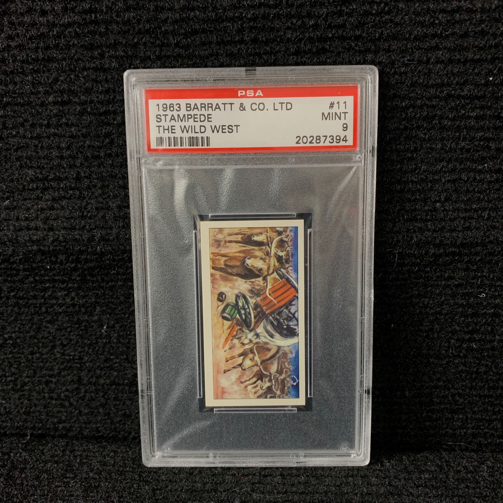 PSA 9 Stampeded 1961 Barratt and C. Card: PSA 9 Stampeed #11 The Wild West Set. By Barratt & Co. 1961. We are a veteran owned company. Please look at the pictures carefully to determine what you believe the condition of collecitible is. We ar