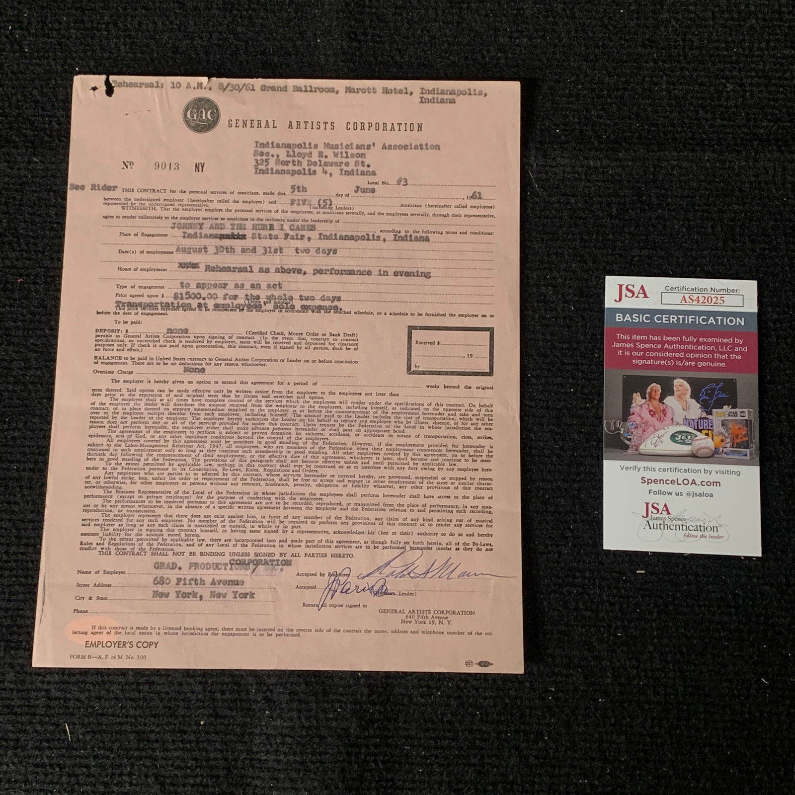 Johnny & the Hurricanes Signed Contract JSA/COA (1 of 4)