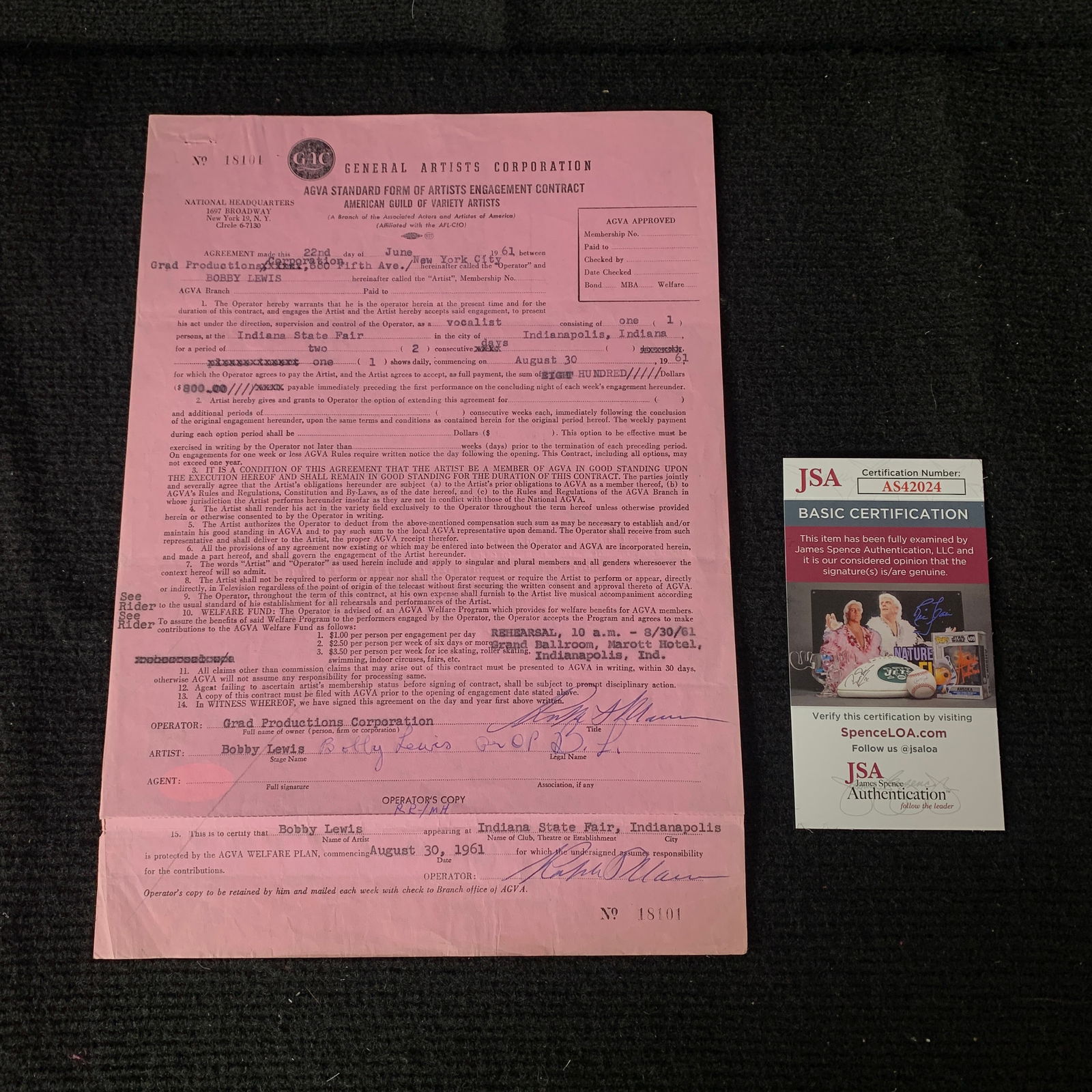 Bobby Lewis Signed Record Contract  JSA/COA (1 of 4)