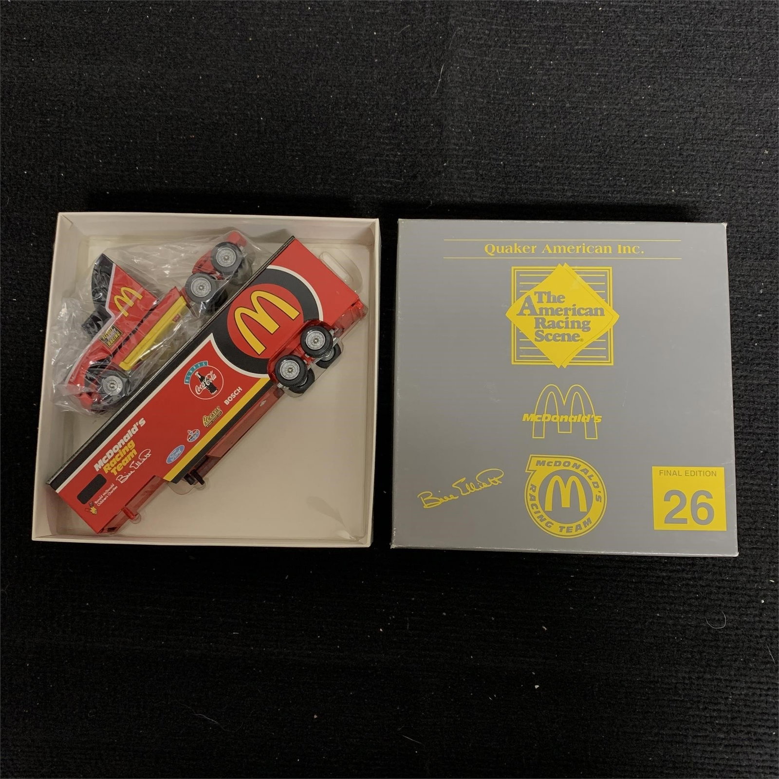 NIB McDonalds Racing Team Truck Number 26: Quaker American Inc. American Racing Scene. We are a veteran owned company. Please look at the pictures carefully to determine what you believe the condition of collecitible is. We are currently accep