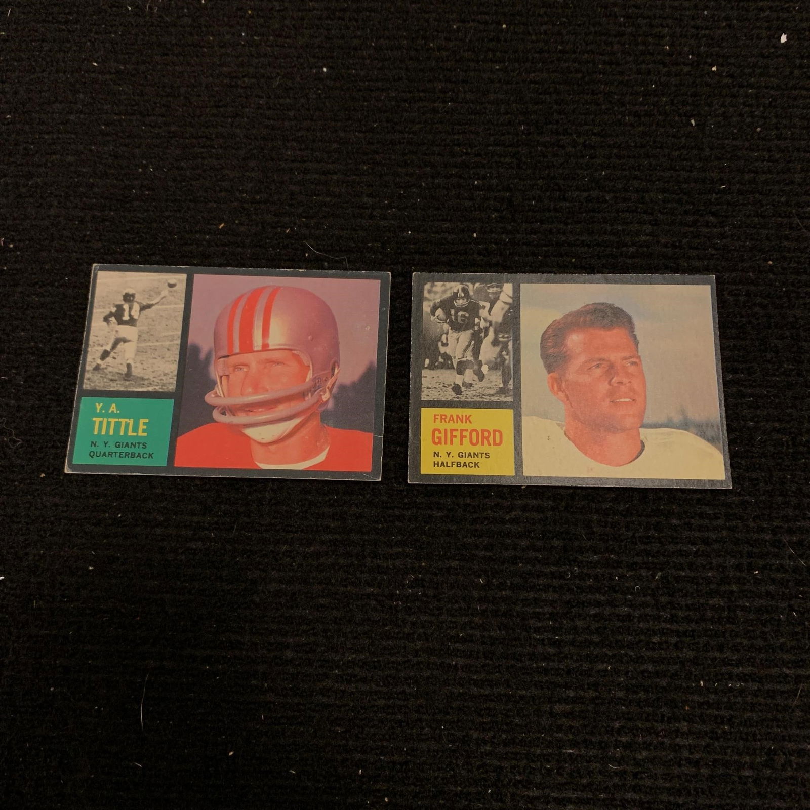 1962 Topps Football Cards, Tittle: Y.A. Tittle #102, Frank Gifford #104. We are a veteran owned company. Please look at the pictures carefully to determine what you believe the condition of collectible is. We are currently accepting co