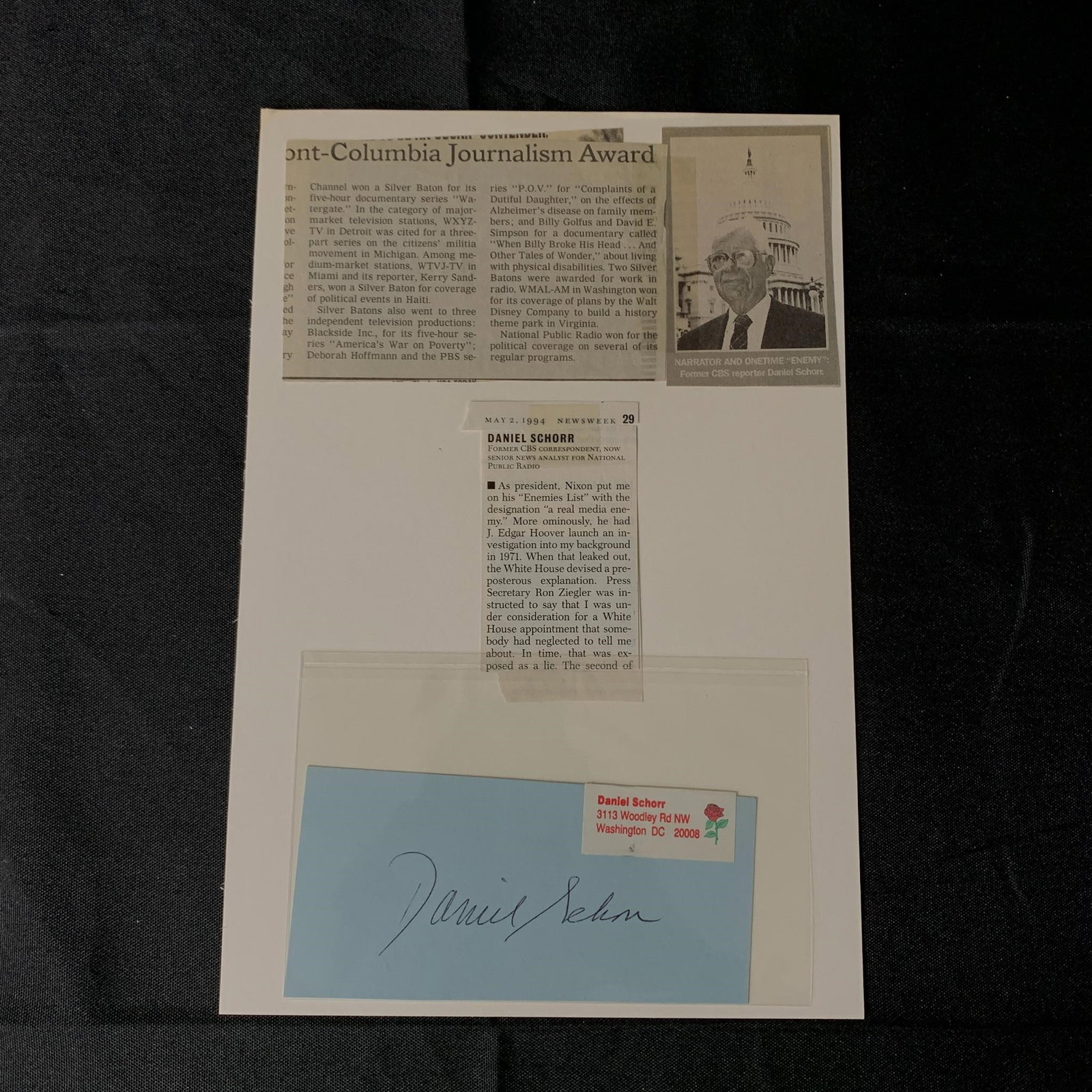 David Schorr Autograph: Former CBS Reporter Daniel Schorr Autograph. Once on President Nixon's "Enemies List". We are a veteran owned company. Please look at the pictures carefully to determine what you believe the condition