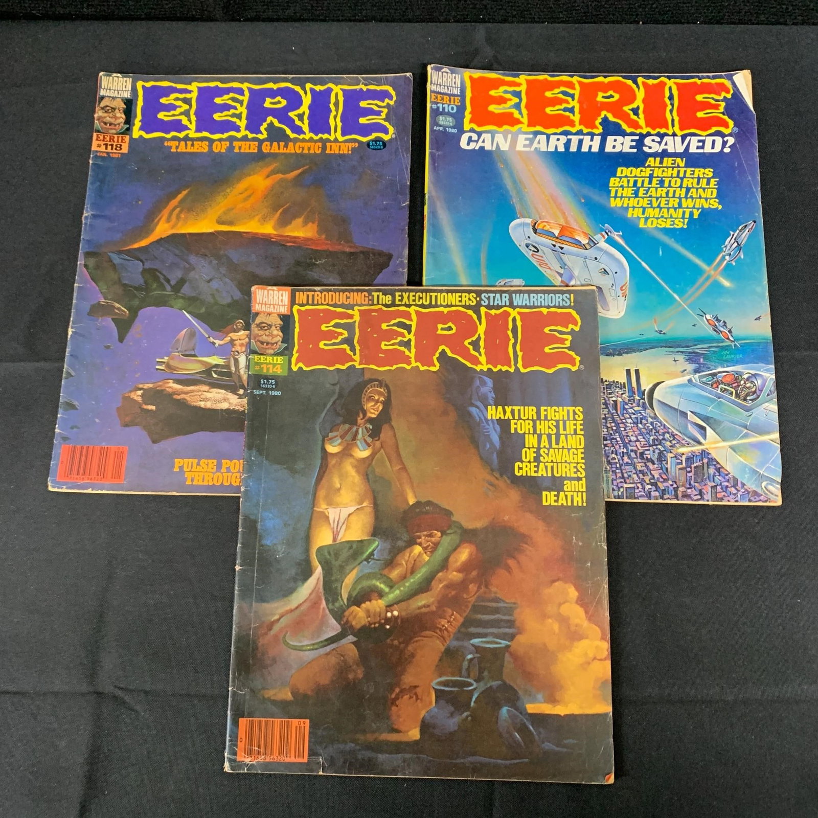 Eerie Magazines 114, 118, 110: We are a veteran owned company. Please look at the pictures carefully to determine what you believe the condition of collectible is. We are currently accepting consignments. Email us a aeronhouse1994@