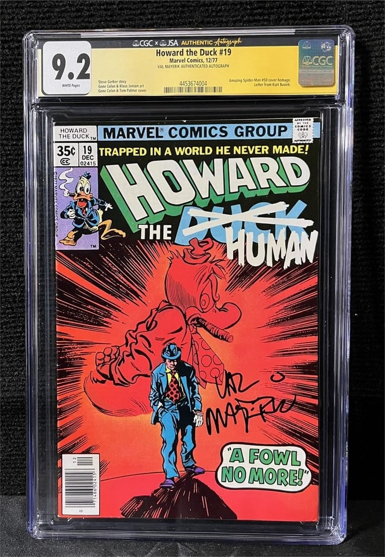 Howard the Duck 19 CGC/JSA 9.2 Val Mayerik Sig: Beautiful Val Mayerik Authenticated autograph on a classic Howard the Duck Homage cover int he high grade of 9.2 We are a veteran owned company. Please look at the pictures carefully to determine what