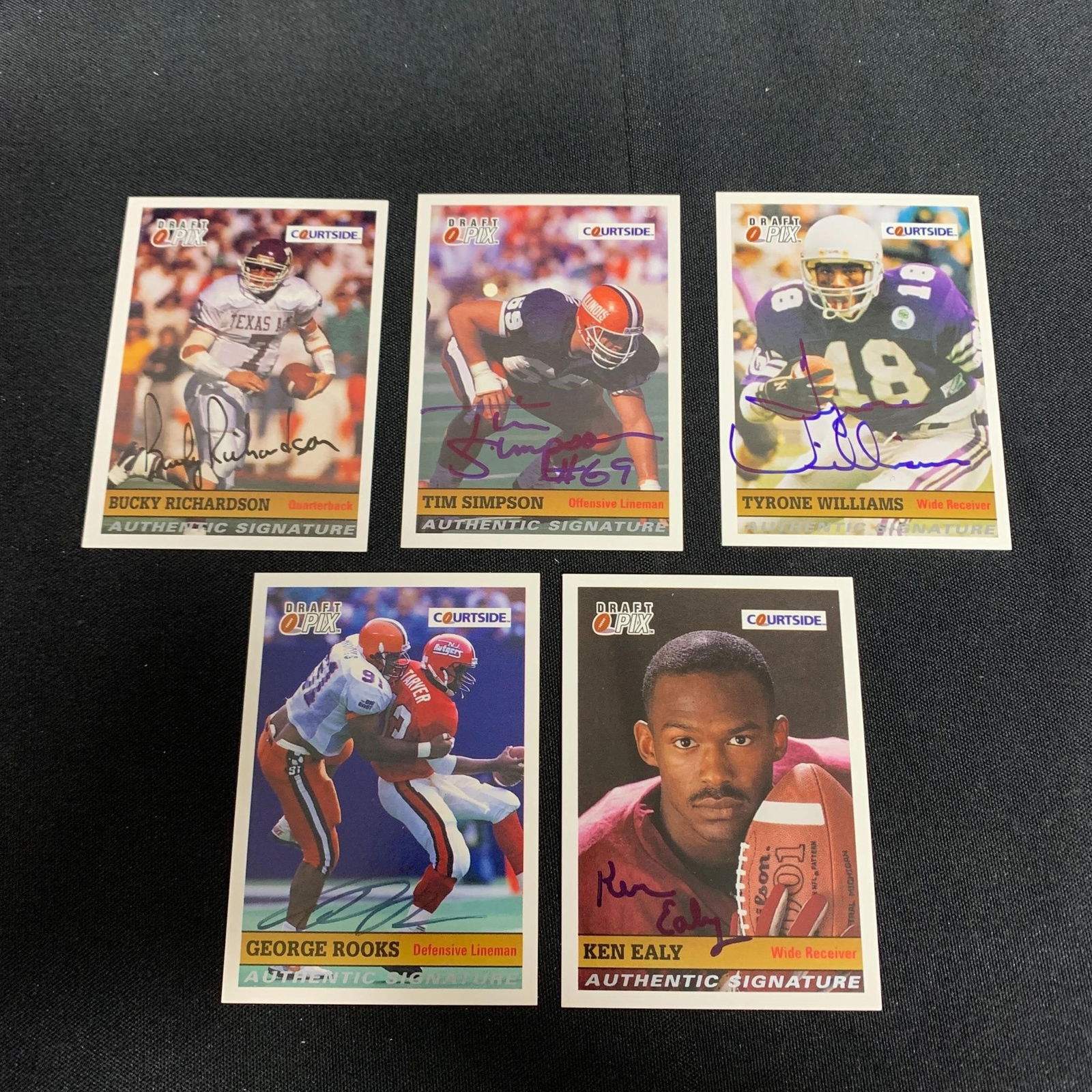 Draft Pix Football Auto Cards: Courtside Draft Pix Autograph Football Cards. Bucky Richardson, Tim Simpson, Tyrone Williams, Ken Ealy, George Rooks. We are a veteran owned company. Please look at the pictures carefully to determine