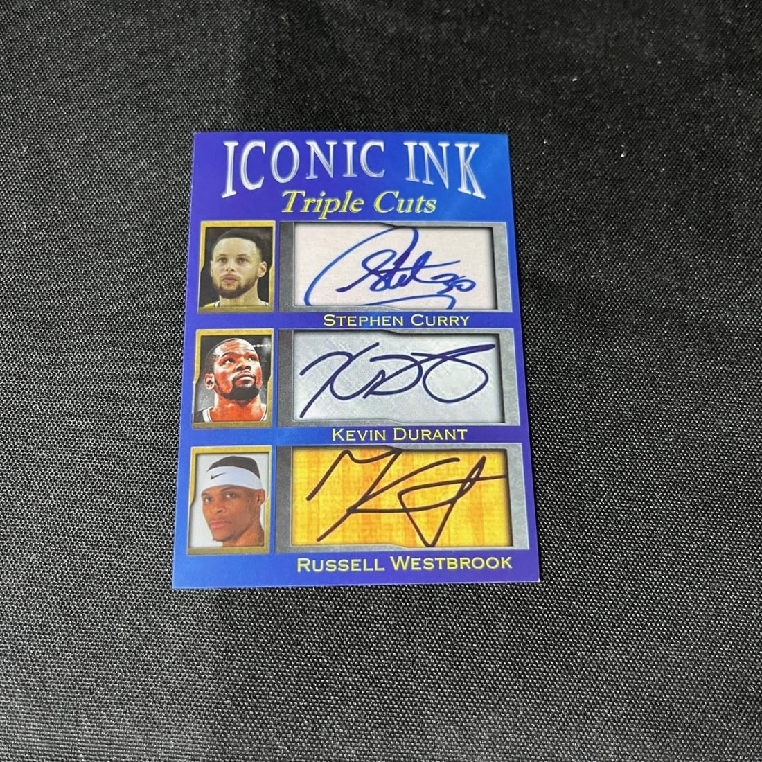 Curry, Durant, Westbrook Iconic Ink 1,000 Made: Iconic Ink cards are the name of the manufacturer of the product and they specialize in sport card sets with facsimile autographs as part of their trading card front. The backs of some of these cards