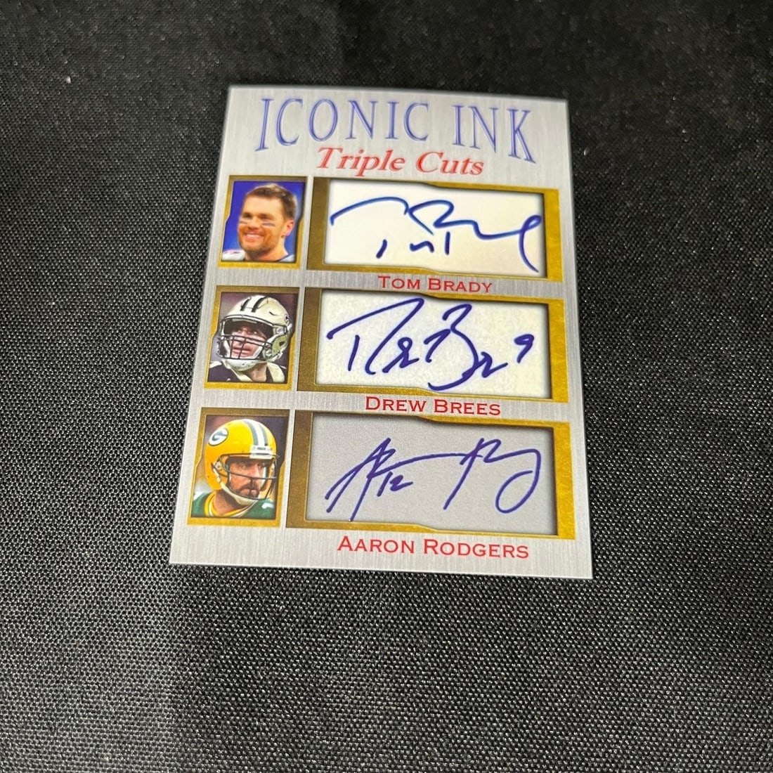 Brady, Brees, Rogers Iconic Ink 1,000 Made: Iconic Ink cards are the name of the manufacturer of the product and they specialize in sport card sets with facsimile autographs as part of their trading card front. The backs of some of these cards