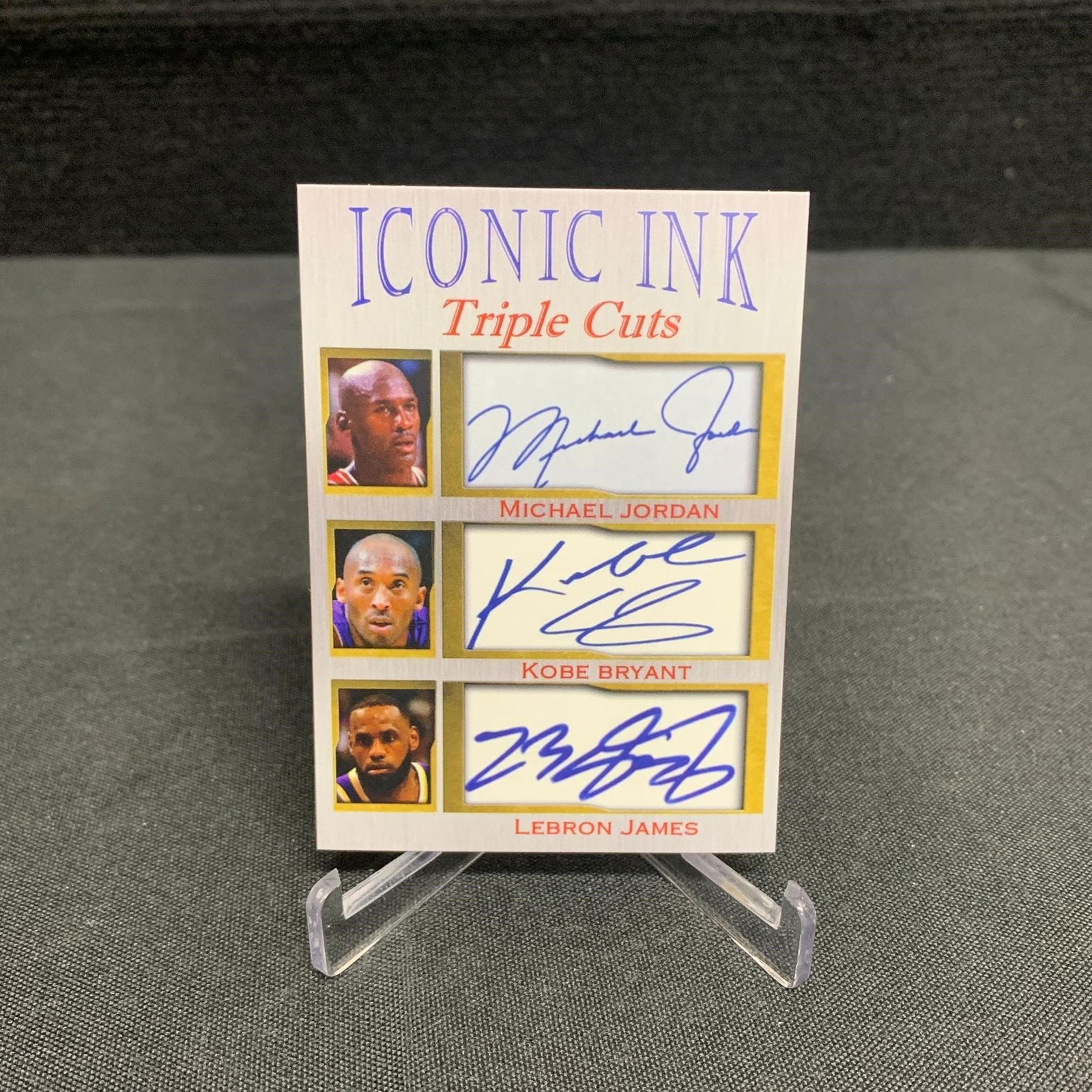 Jordan, Bryant, James Iconic Ink: Iconic Ink cards are the name of the manufacturer of the product and they specialize in sport card sets with facsimile autographs as part of their trading card front. The backs of some of these cards