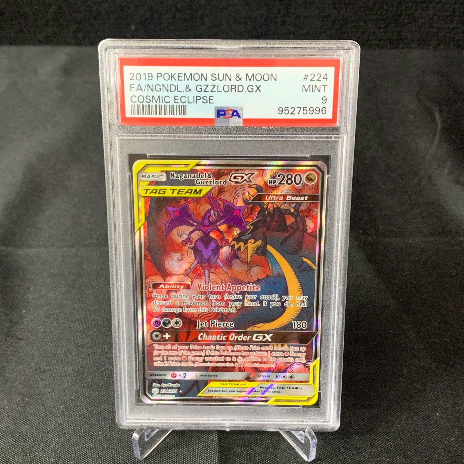 PSA 9 Nagandel & Guzzlord GX #224 Full Art Cosmic Eclipse Pokemon Card (1 of 2)