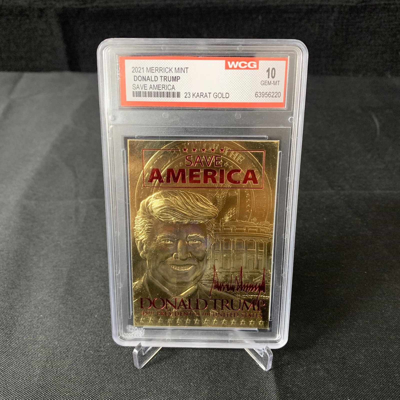WCG 23k Gold Donald Trump Card: WCG 23k Gold Donald Trump Save America Merrick Mint Trading Card. WCG 10 Gem Mint. We are a veteran owned company. Please look at the pictures carefully to determine what you believe the condition of 