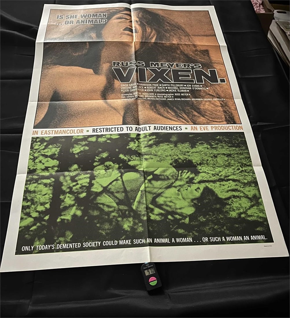 Russ Meyer's Vixen Movie Poster 1st X-Rated Film: Original One Sheet Movie Poster. Vixen was a breakthrough for Myers and it ws the first motion picture given an x-rating for its sex scenes. We are a veteran owned company. lease look at the pictures