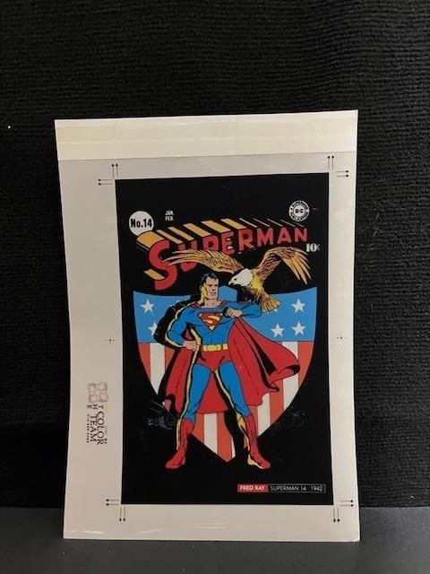 Superman 14 Homage Cover 4-color Proof: From Copper Age Superman cover homage to the Golden Age classic Superman cover. This four color proof includes color management pallet on the left boarders. Color proofs are very hard to find as they 