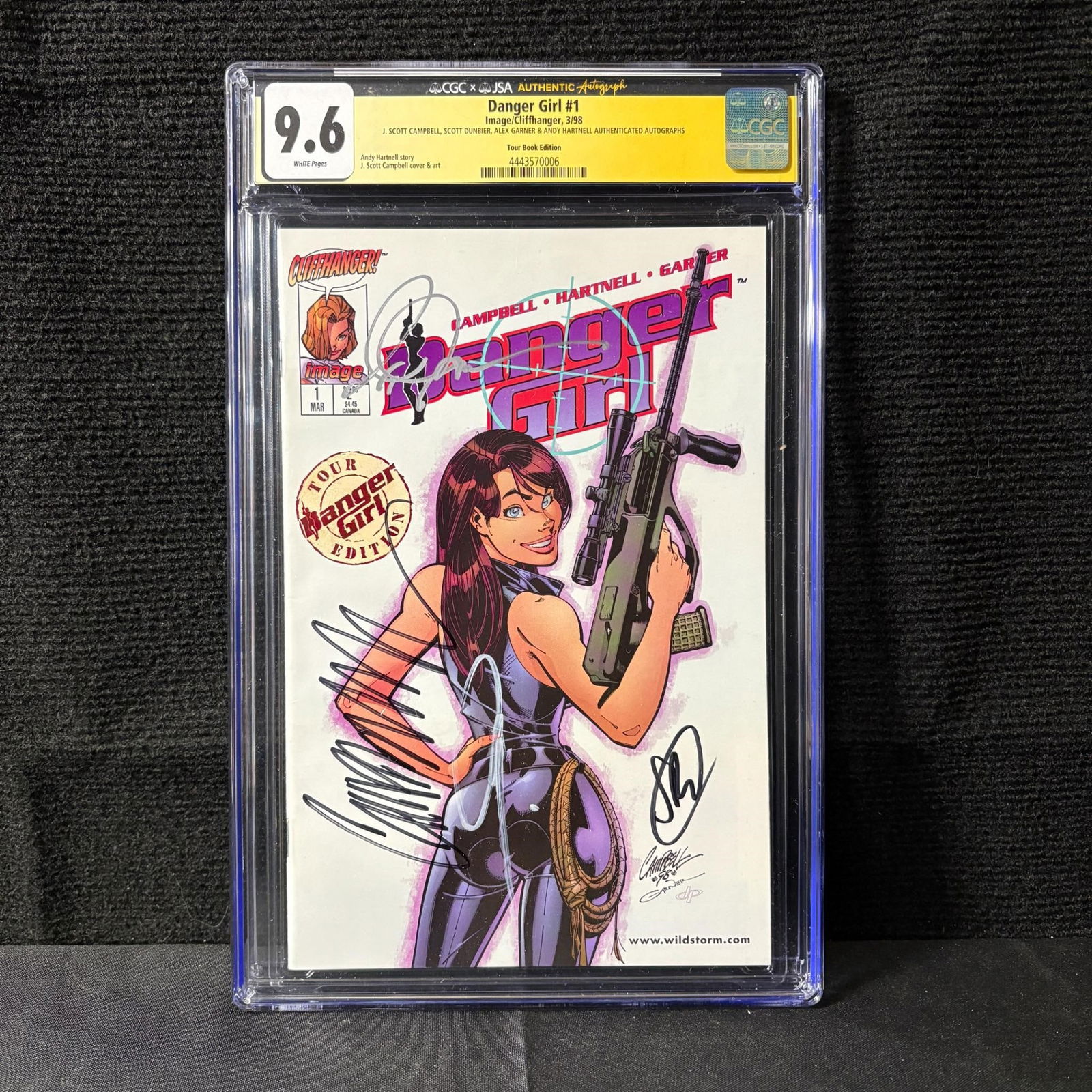 CGC 9.6 Danger Girl #1, Sig Scott Campbell +++: CGC 9.6 Danger Girl #1 Image/Cliffhanger Comic. Signed by J. Scott Campbell, Scott Dunbier, Alex Garner, and Andy Hartnell Authenticated Autographs by JSA. Tour Book Edition. We are a veteran owned co