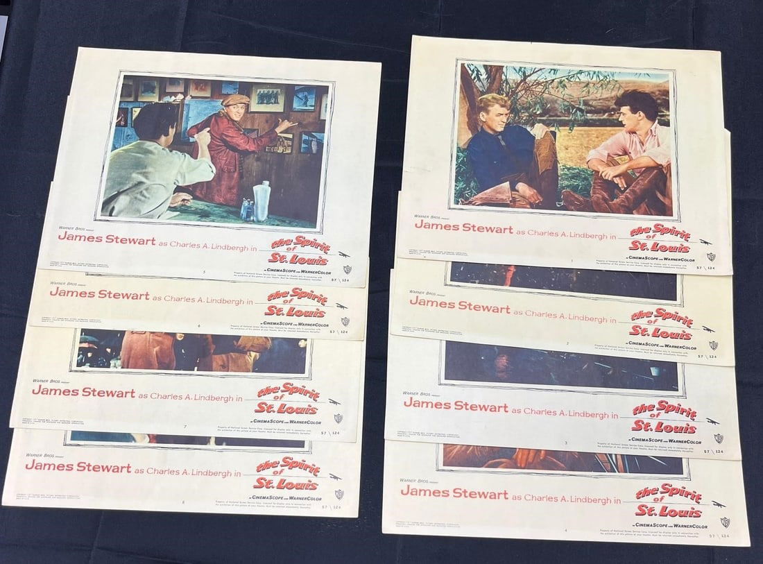 James Stewart Spirit of St. Louis Lobby Cards: Spirit of St. Louis starring James Stewart at Charles Lindberg complete Lobby Card set. We are a veteran owned company. Please look at photos carefully. All items are available for virtual preview by