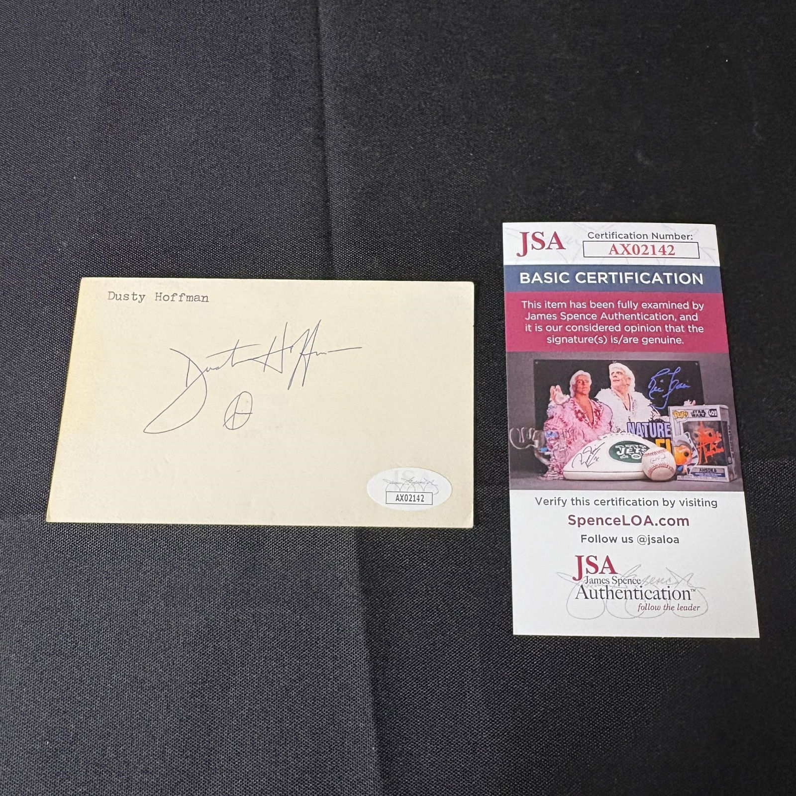 Dustin Hoffman Signed Index Card, JSA COA: American actor. As one of the key actors in the formation of New Hollywood, Hoffman is known for his versatile portrayals of antiheroes and emotionally vulnerable characters. Among his numerous accola