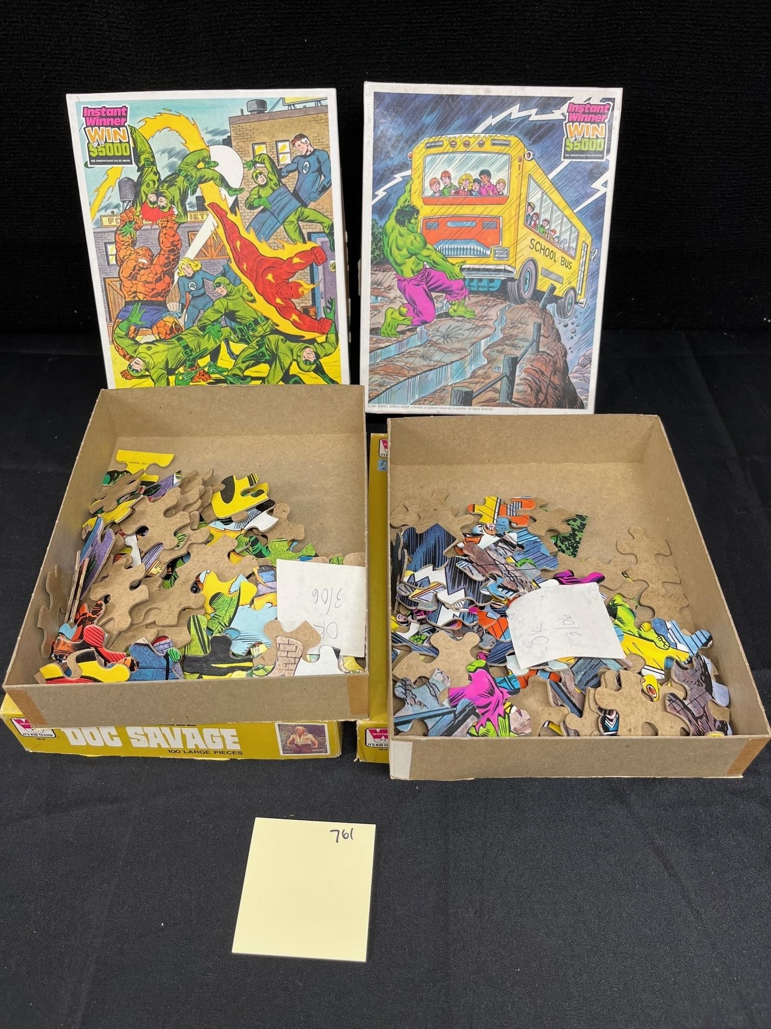 Marvel Vintage 1970's FF & Hulk Jigsaw Puzzles: Notation inside the box indicates that someone checked the pieces in 2006 and wrote "ok" We assume that meant in 2006 that the puzzle was complete, but we did not count or attempt to put the puzzle to
