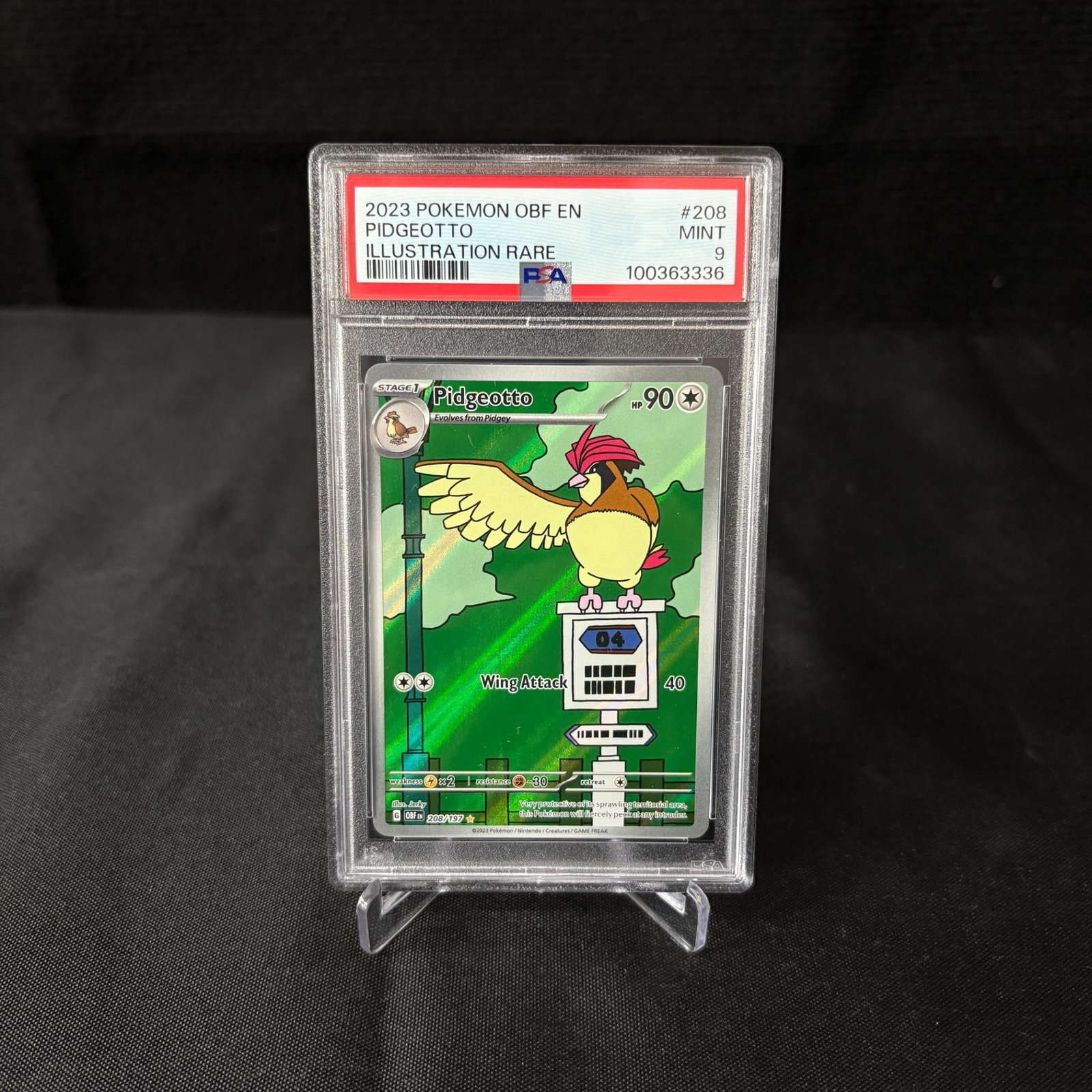 PSA 9 Pidgeotto Illustration Rare: PSA 9 Pidgeotto #208 Illustration Rare Obsidian Flames Pokemon Card. Please look at photos carefully. All sales are final. Items sold as is. We offer virtual and in person previews of any lots up unti