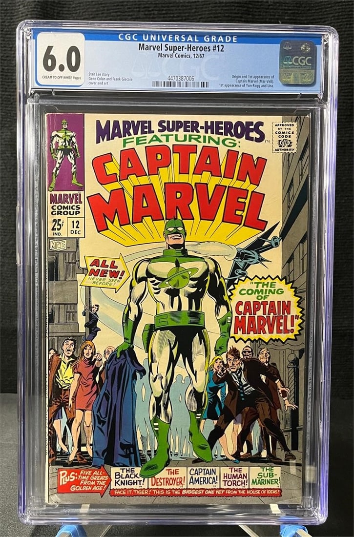 Marvel Super-Heroes 12 1st App Capt. Marvel CGC 6: Please look at photos carefully. All sales are final. Items sold as is. We offer virtual and in person previews of any lots up until auction day. By placing a bid you agree to allow us to charge the c